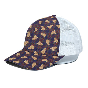 Golden Retriever Tartan Pattern Print White Mesh Trucker Cap