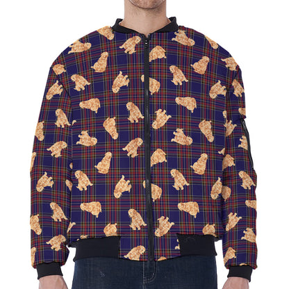 Golden Retriever Tartan Pattern Print Zip Sleeve Bomber Jacket