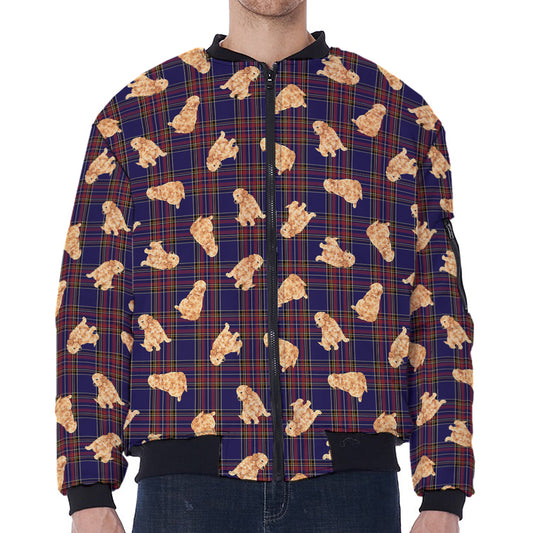 Golden Retriever Tartan Pattern Print Zip Sleeve Bomber Jacket