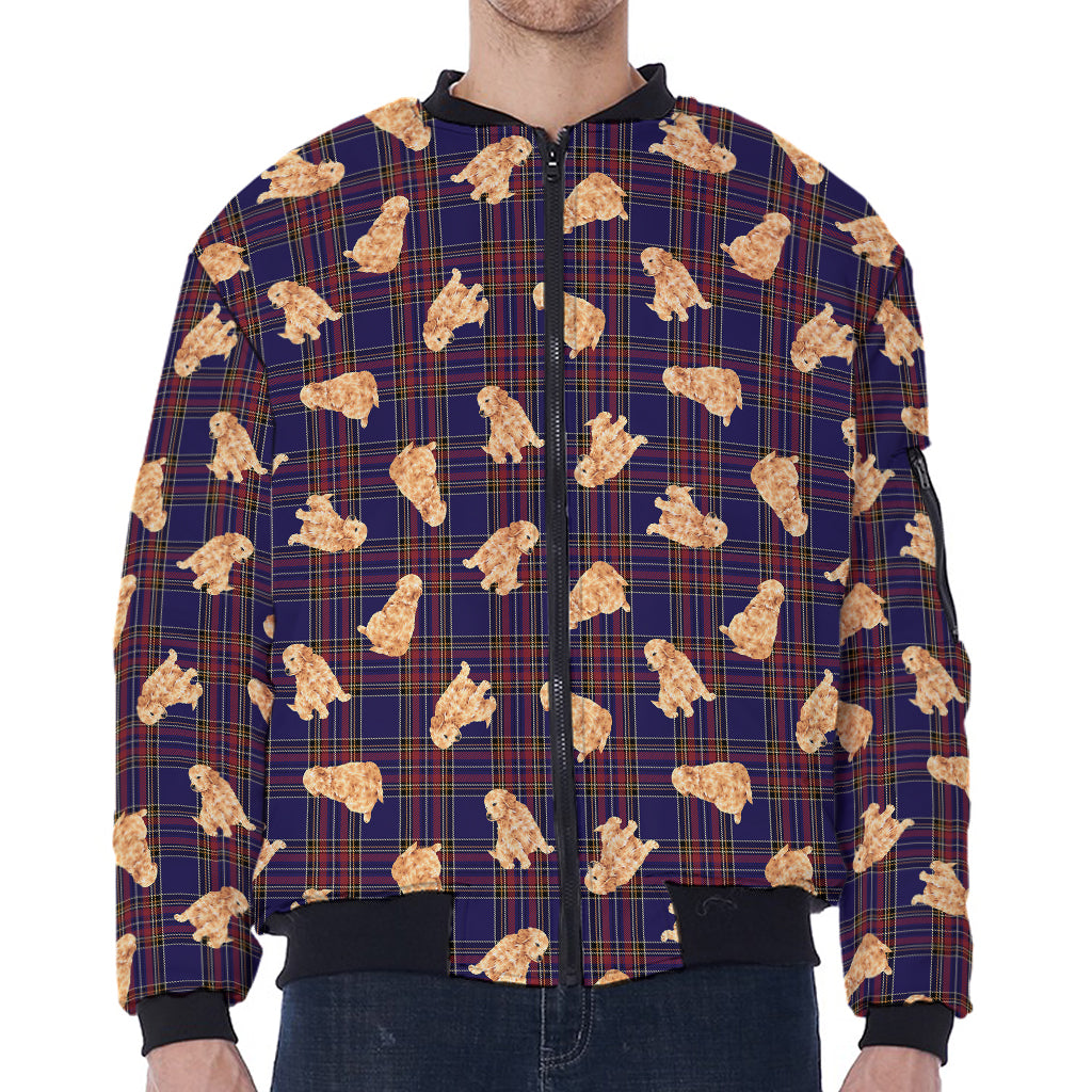 Golden Retriever Tartan Pattern Print Zip Sleeve Bomber Jacket