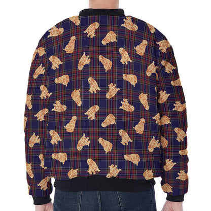 Golden Retriever Tartan Pattern Print Zip Sleeve Bomber Jacket