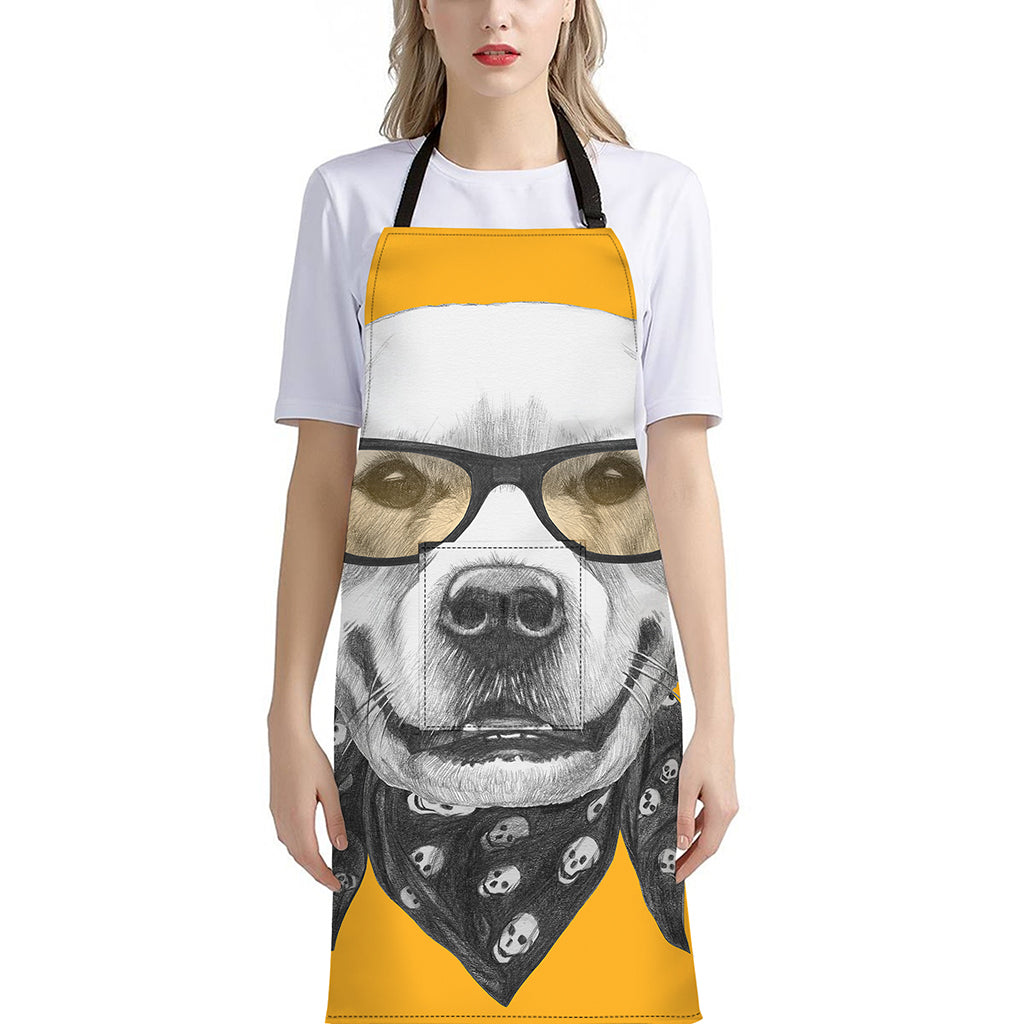 Golden Retriever With Glasses Print Bib Apron With Pocket