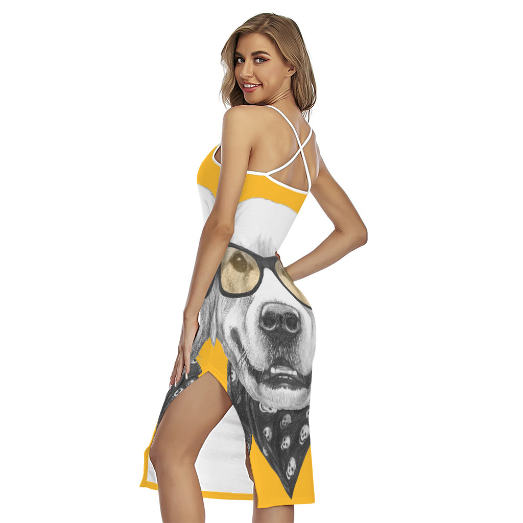 Golden Retriever With Glasses Print Cross Back Cami Dress