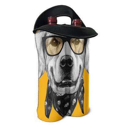 Golden Retriever With Glasses Print Double Neoprene Wine Tote