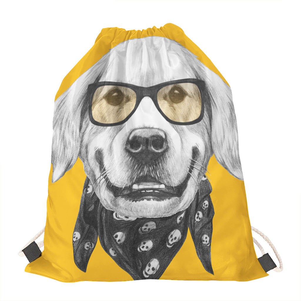 Golden Retriever With Glasses Print Drawstring Bag