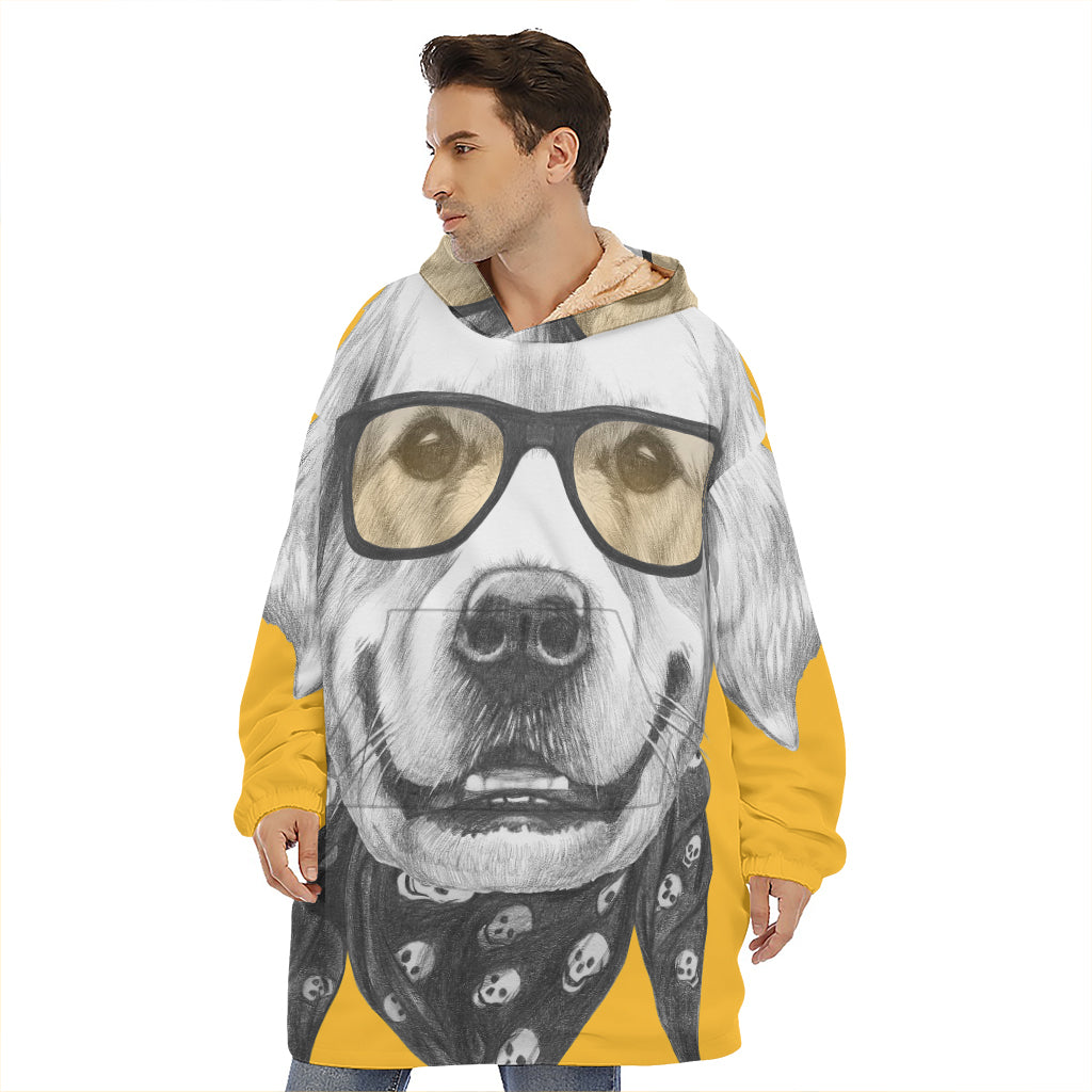 Golden Retriever With Glasses Print Hoodie Blanket