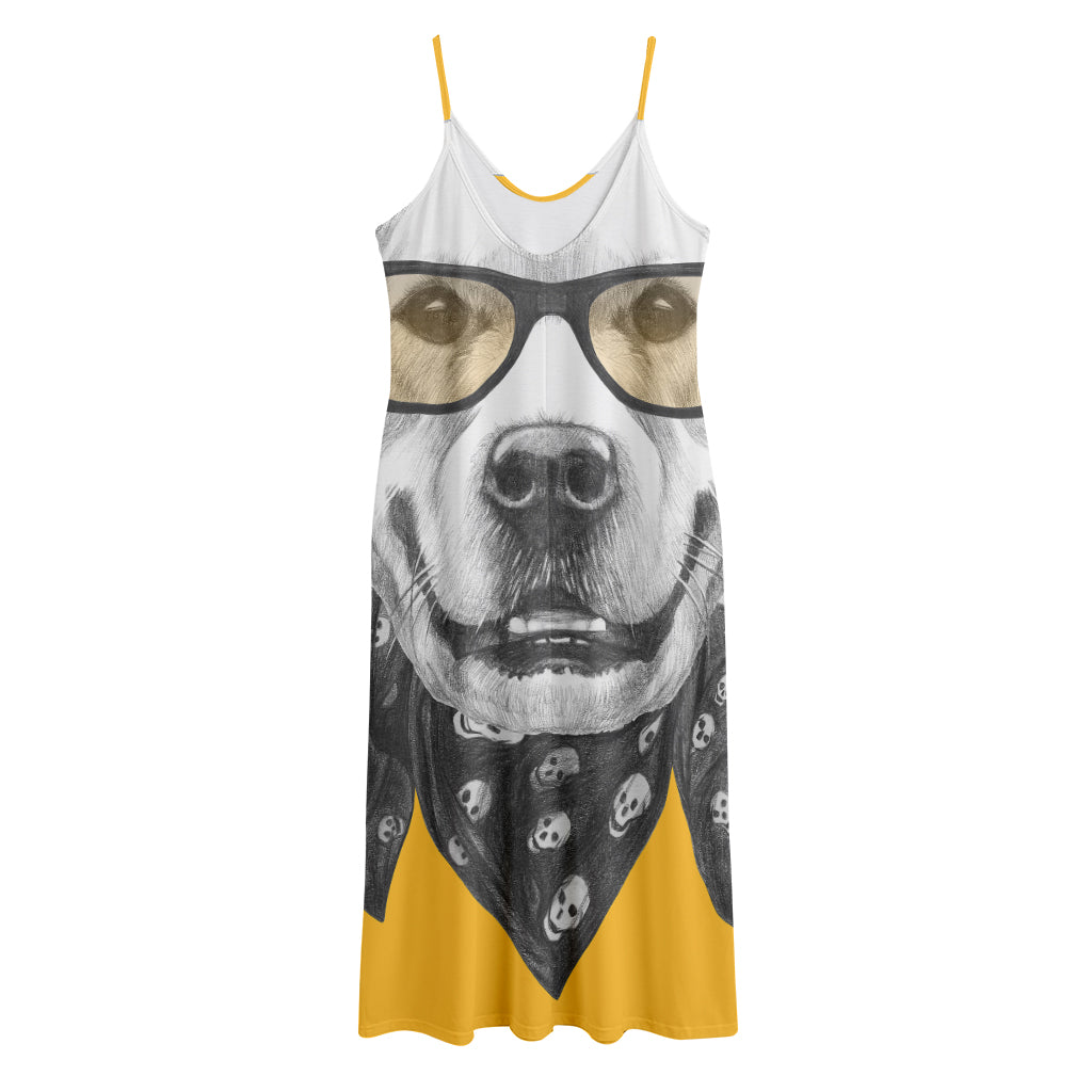 Golden Retriever With Glasses Print Jersey Midi Cami Dress