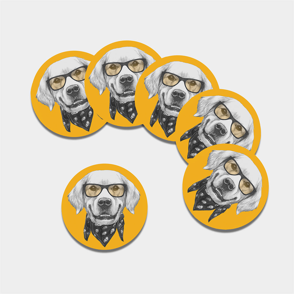 Golden Retriever With Glasses Print Leather Coaster Set