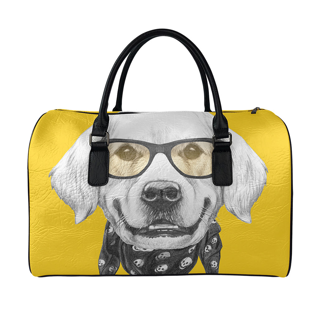Golden Retriever With Glasses Print Leather Duffle Bag