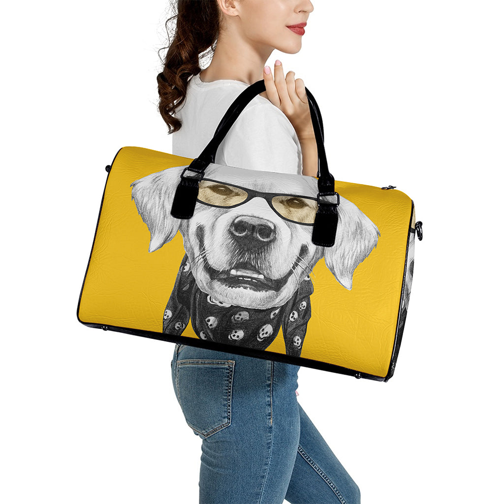 Golden Retriever With Glasses Print Leather Duffle Bag