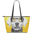 Golden Retriever With Glasses Print Leather Tote Bag With Zipper