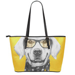 Golden Retriever With Glasses Print Leather Tote Bag