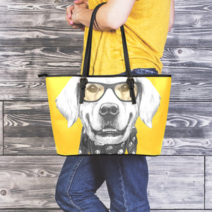 Golden Retriever With Glasses Print Leather Tote Bag