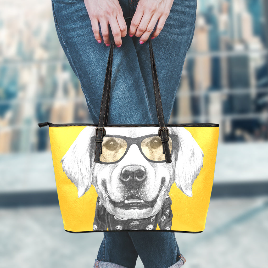 Golden Retriever With Glasses Print Leather Tote Bag