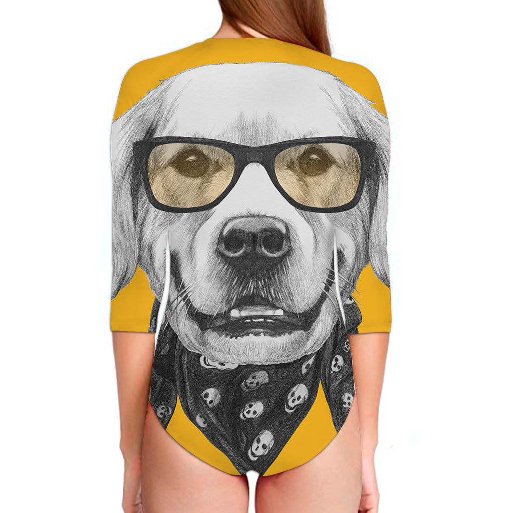 Golden Retriever With Glasses Print Long Sleeve Swimsuit