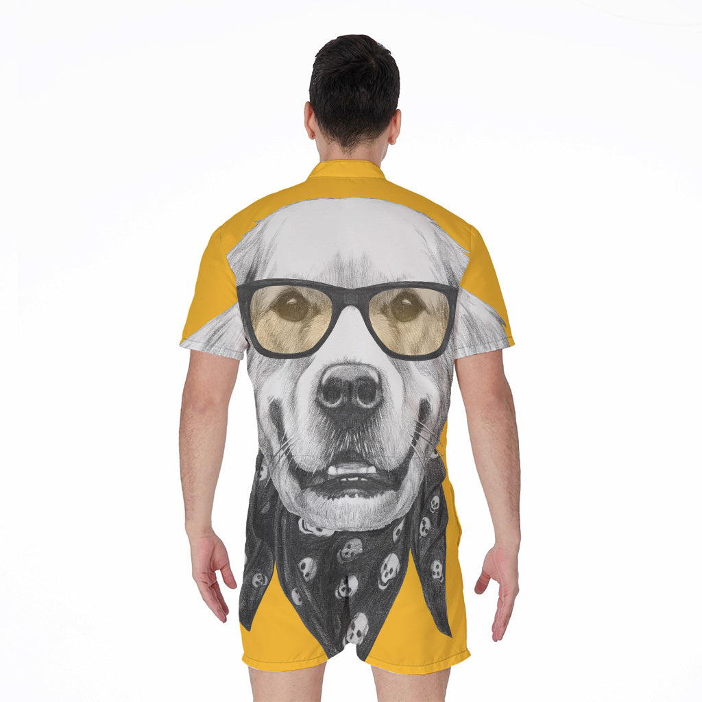 Golden Retriever With Glasses Print Men's Rompers