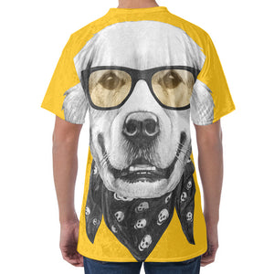 Golden Retriever With Glasses Print Men's Velvet T-Shirt