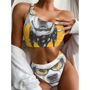 Golden Retriever With Glasses Print One Shoulder Bikini Top