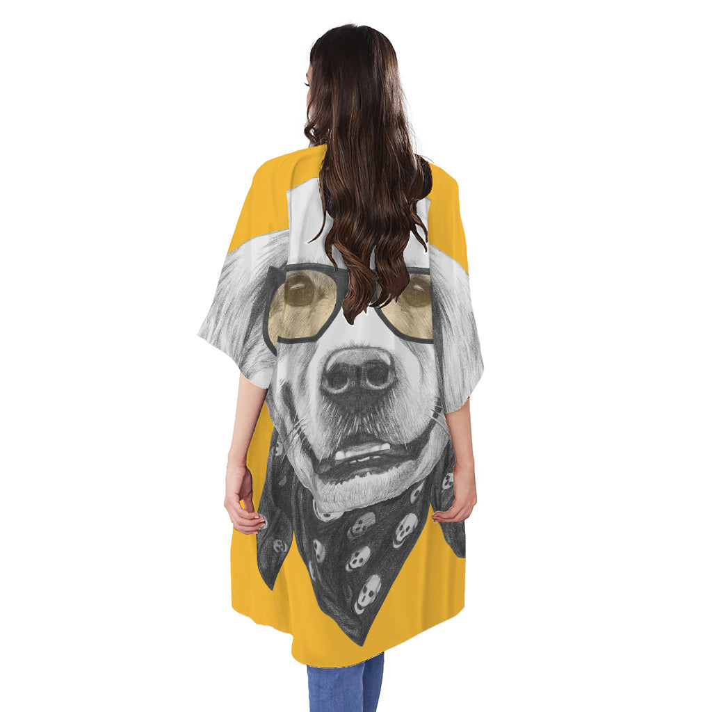 Golden Retriever With Glasses Print Open Front Beach Cover Up