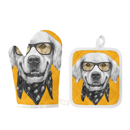 Golden Retriever With Glasses Print Oven Mitt And Pot Holder Set