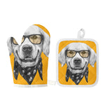 Golden Retriever With Glasses Print Oven Mitt And Pot Holder Set