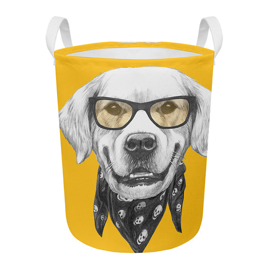 Golden Retriever With Glasses Print Round Laundry Basket