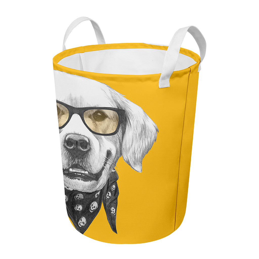 Golden Retriever With Glasses Print Round Laundry Basket