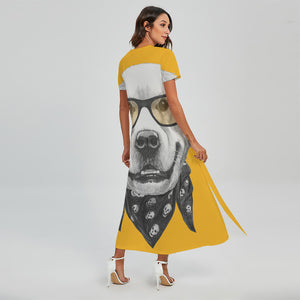 Golden Retriever With Glasses Print Short Sleeve Maxi Dress