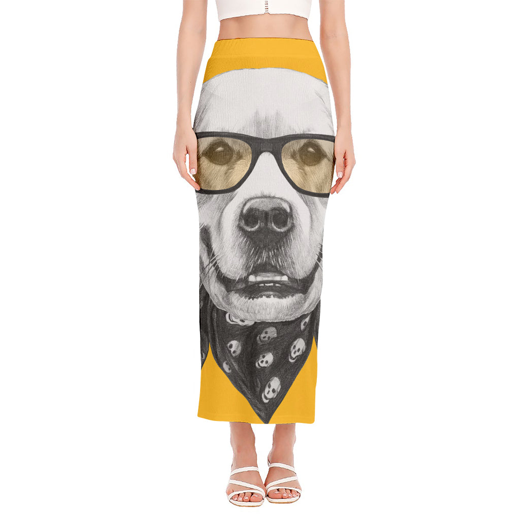 Golden Retriever With Glasses Print Side Slit Maxi Skirt