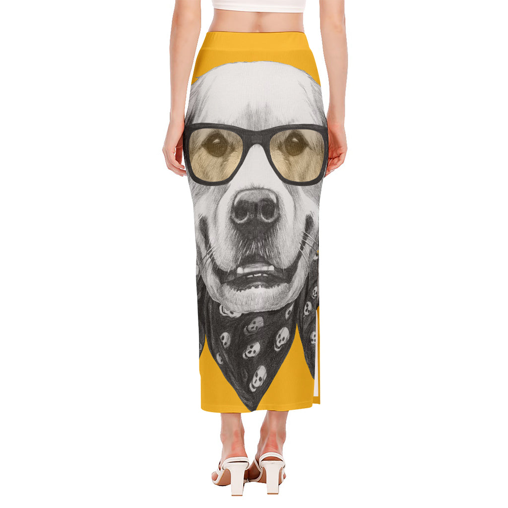 Golden Retriever With Glasses Print Side Slit Maxi Skirt