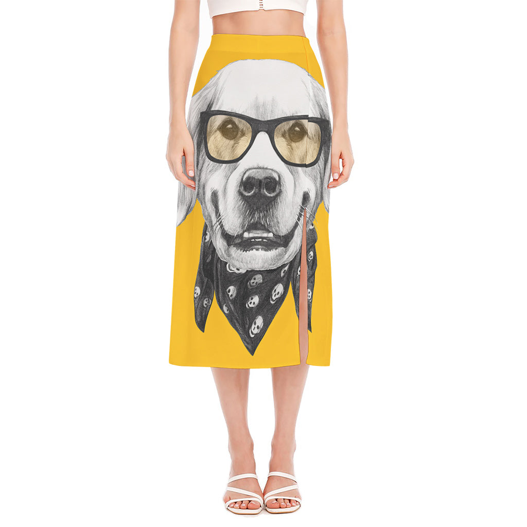 Golden Retriever With Glasses Print Side Slit Midi Skirt