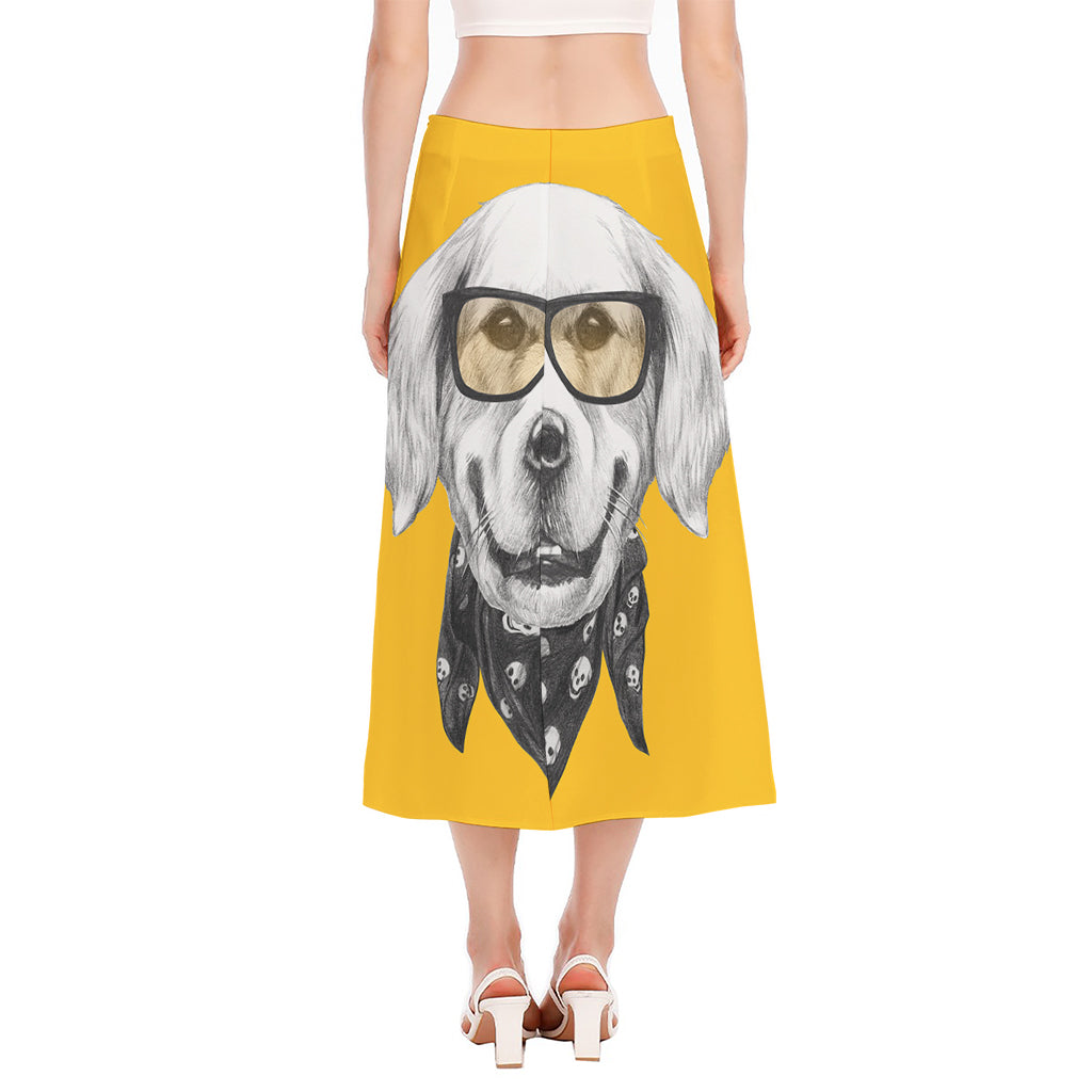 Golden Retriever With Glasses Print Side Slit Midi Skirt