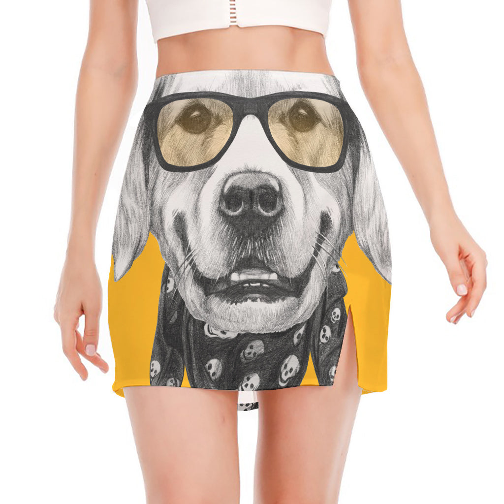 Golden Retriever With Glasses Print Side Slit Mini Skirt