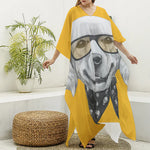 Golden Retriever With Glasses Print Silk V-Neck Kaftan Dress