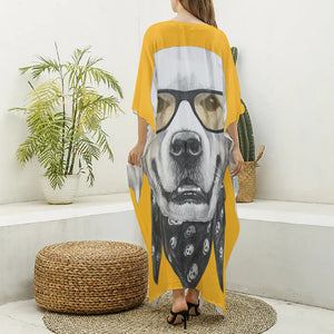 Golden Retriever With Glasses Print Silk V-Neck Kaftan Dress