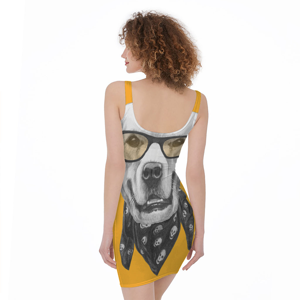 Golden Retriever With Glasses Print Sleeveless Bodycon Dress