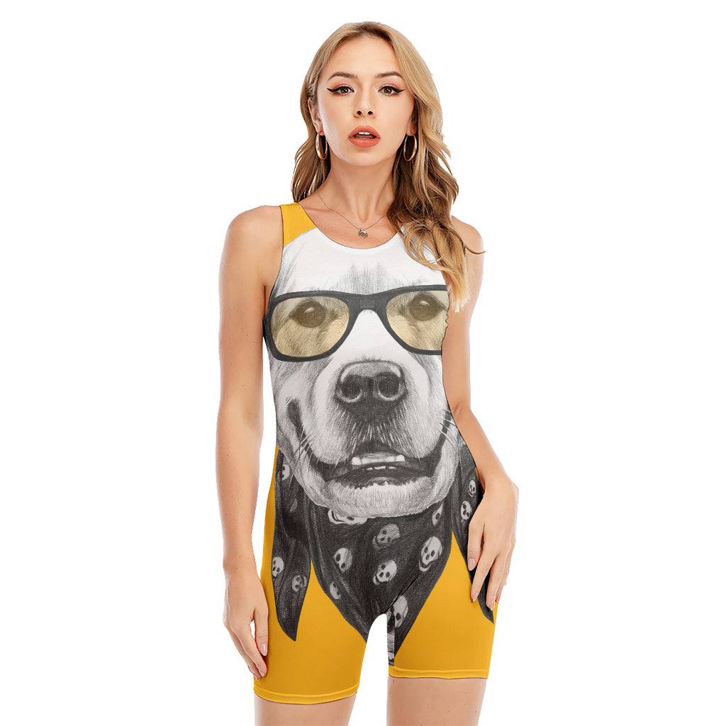 Golden Retriever With Glasses Print Sleeveless One Piece Swimsuit