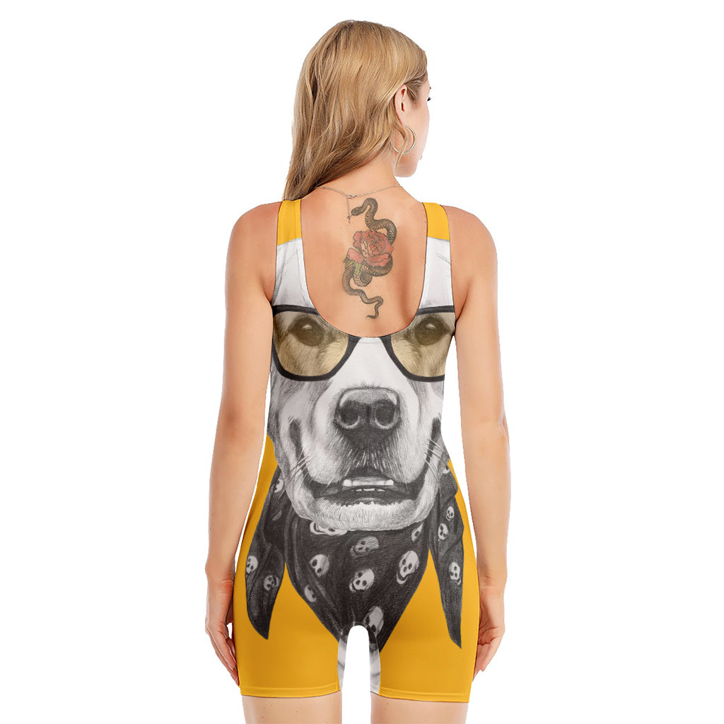 Golden Retriever With Glasses Print Sleeveless One Piece Swimsuit