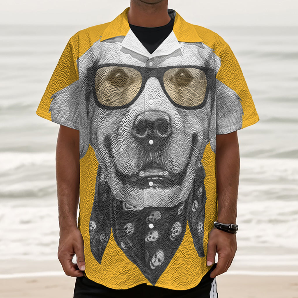 Golden Retriever With Glasses Print Textured Short Sleeve Shirt