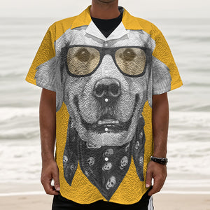 Golden Retriever With Glasses Print Textured Short Sleeve Shirt