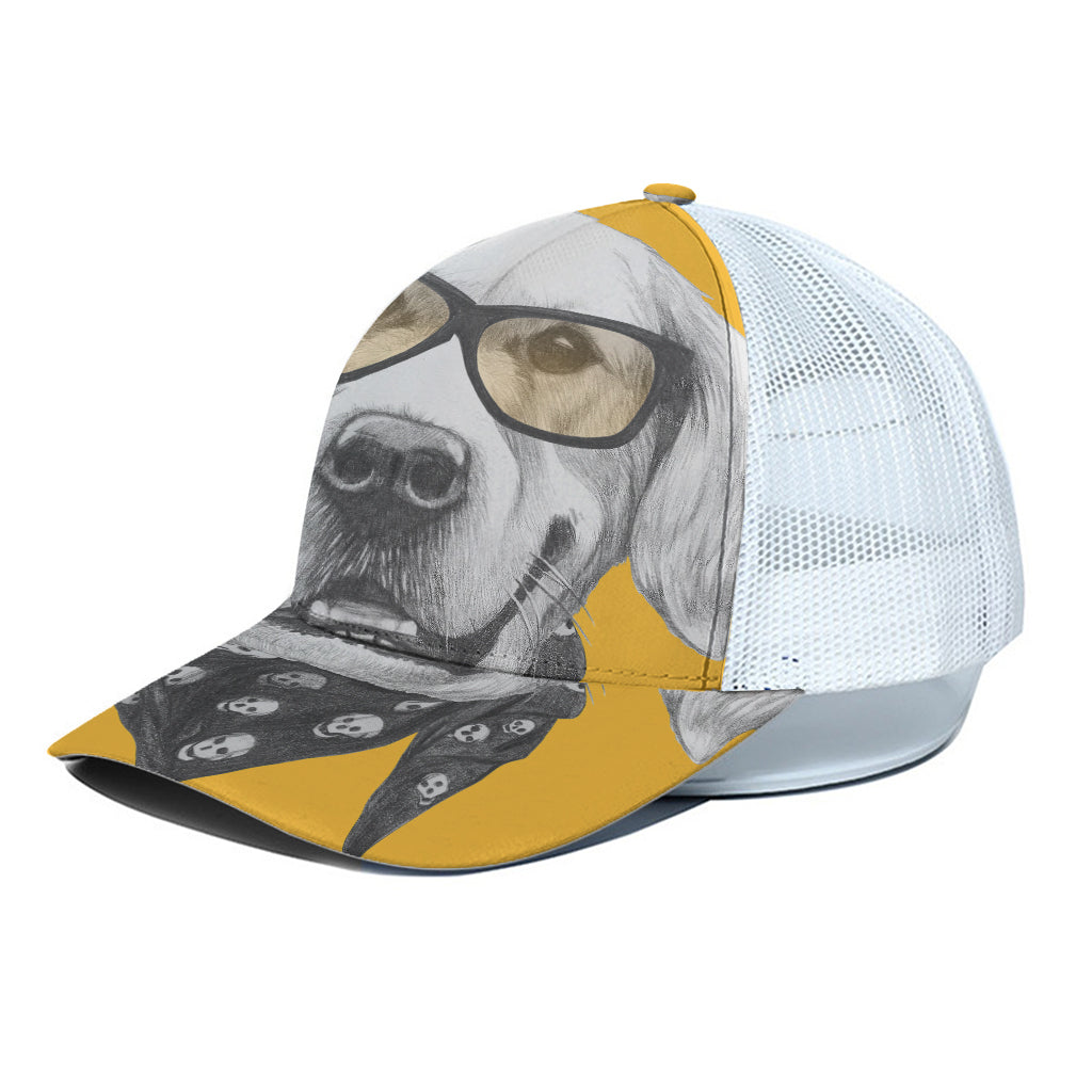 Golden Retriever With Glasses Print White Mesh Trucker Cap