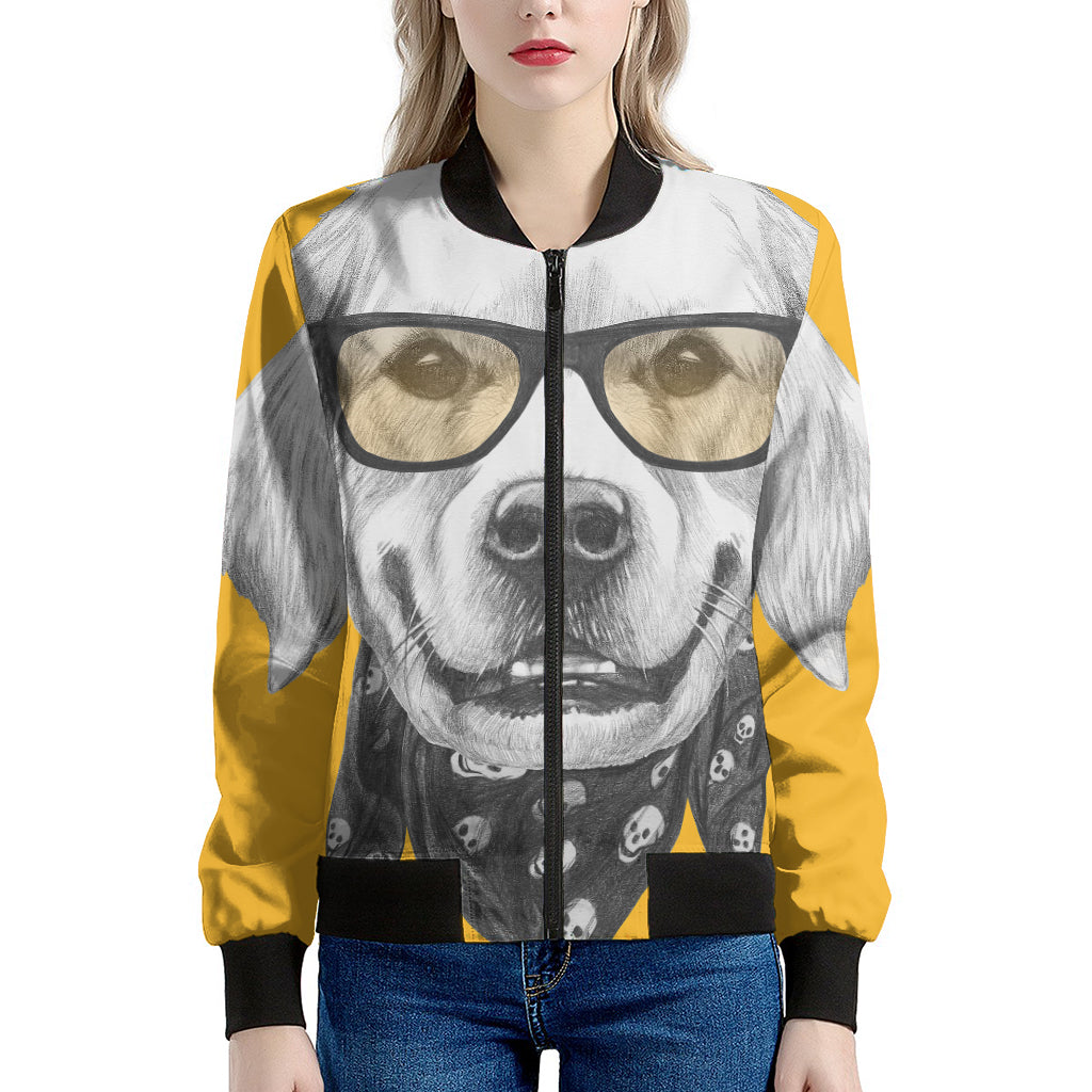 Golden Retriever With Glasses Print Women's Bomber Jacket