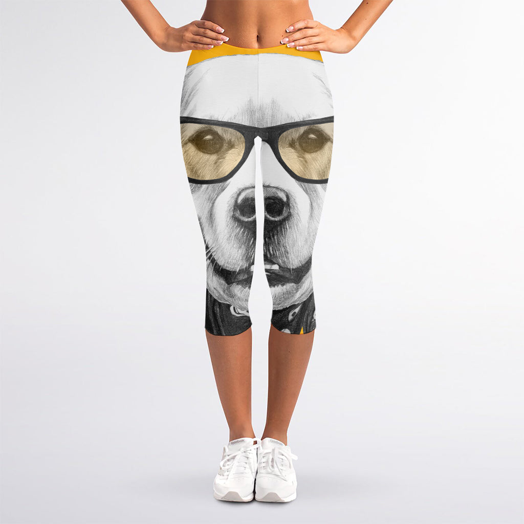 Golden Retriever With Glasses Print Women's Capri Leggings