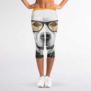 Golden Retriever With Glasses Print Women's Capri Leggings