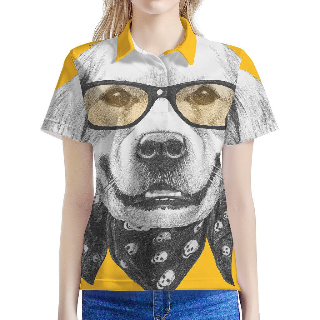 Golden Retriever With Glasses Print Women's Polo Shirt