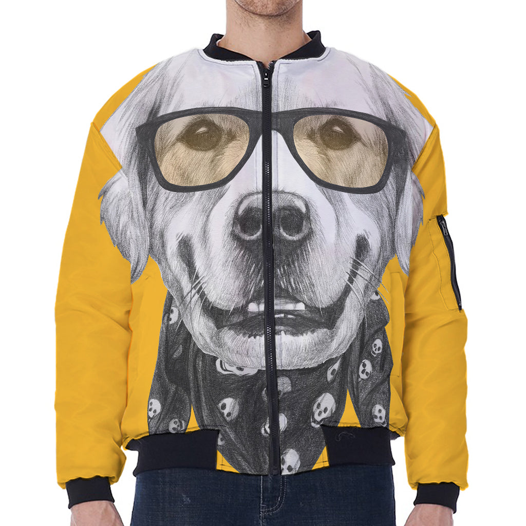 Golden Retriever With Glasses Print Zip Sleeve Bomber Jacket