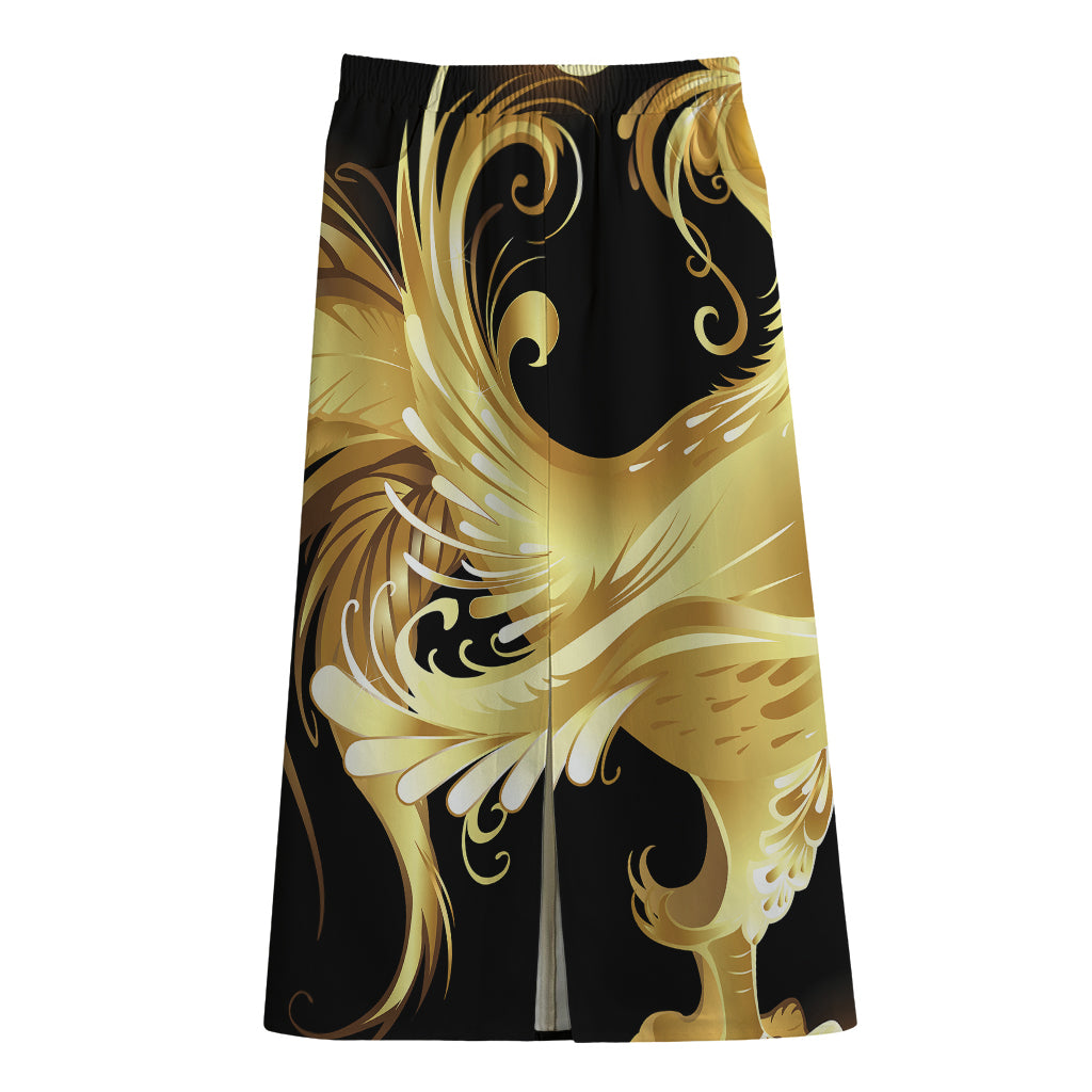 Golden Rooster Print Cotton Front Slit Maxi Skirt