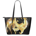 Golden Rooster Print Leather Tote Bag With Zipper