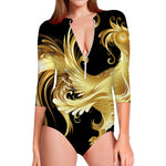 Golden Rooster Print Long Sleeve Swimsuit