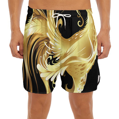 Golden Rooster Print Men's Split Running Shorts